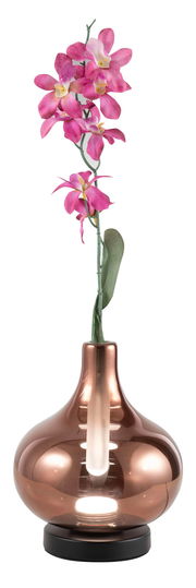 LED-Glasvasenleuchte mit rosafarbenen Blumen, seitliche Perspektive