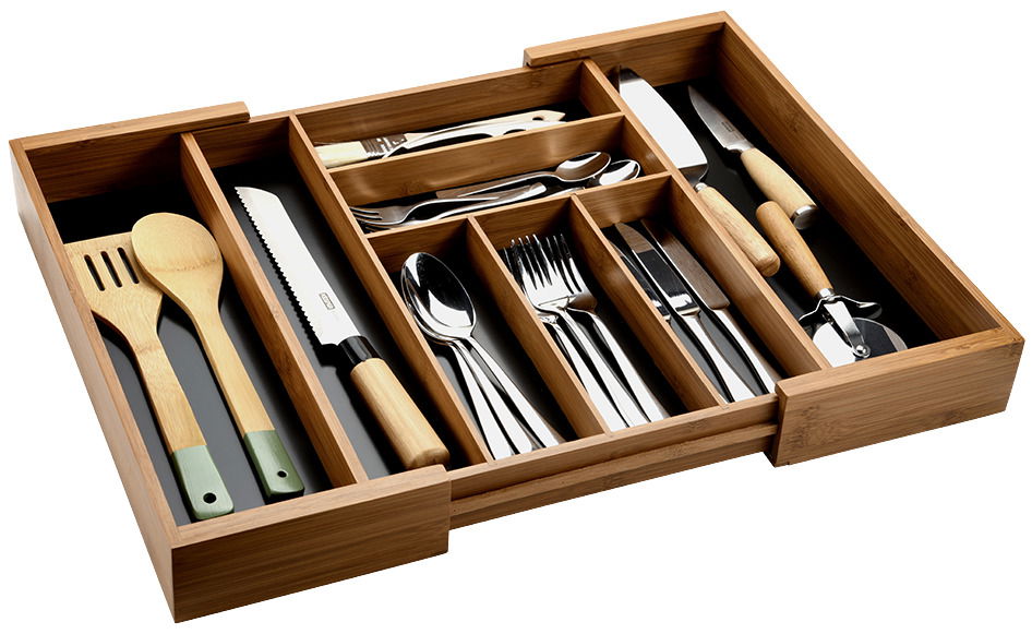 Variabler Besteckkasten aus Holz mit mehreren Fächern, gefüllt mit verschiedenen Küchenutensilien und Besteck, von oben betrachtet.