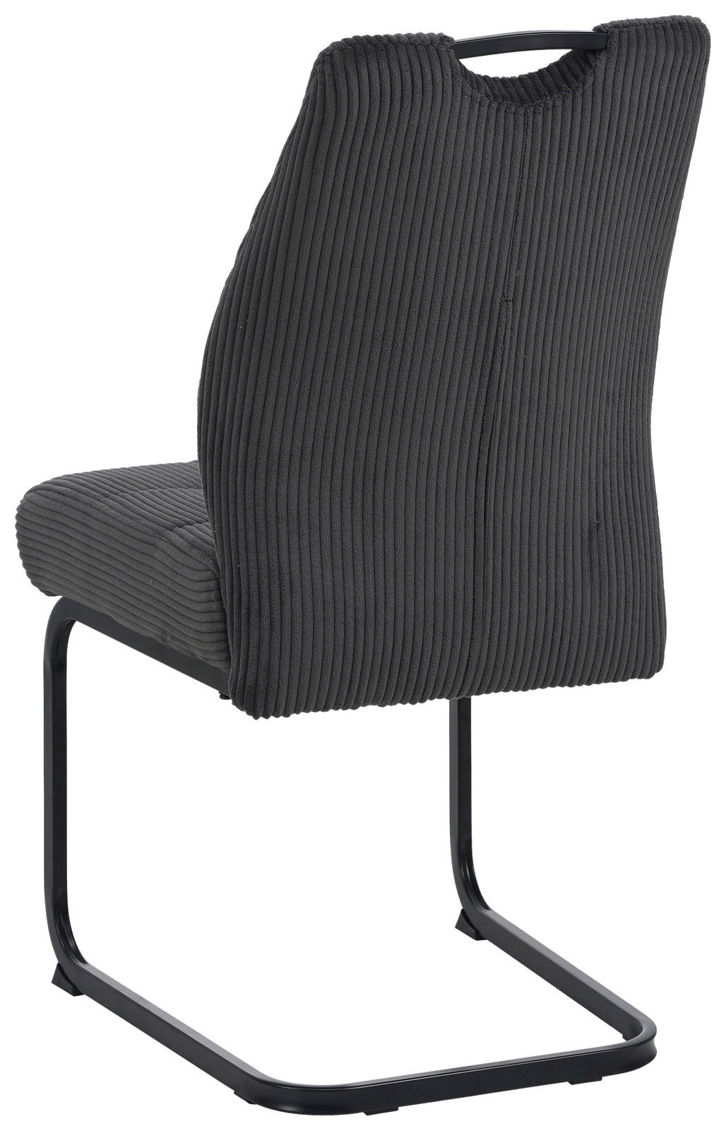 Rückansicht eines modernen Schwingstuhls mit schwarzem, geripptem Stoffbezug und schwarzem Metallgestell.