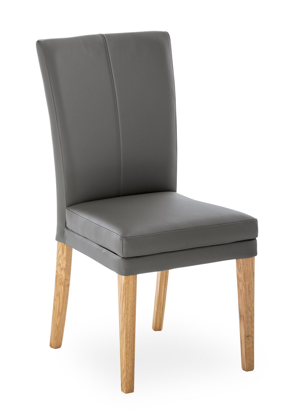 Moderner Stuhl mit grauem Polster und Holzbeinen, seitliche Perspektive