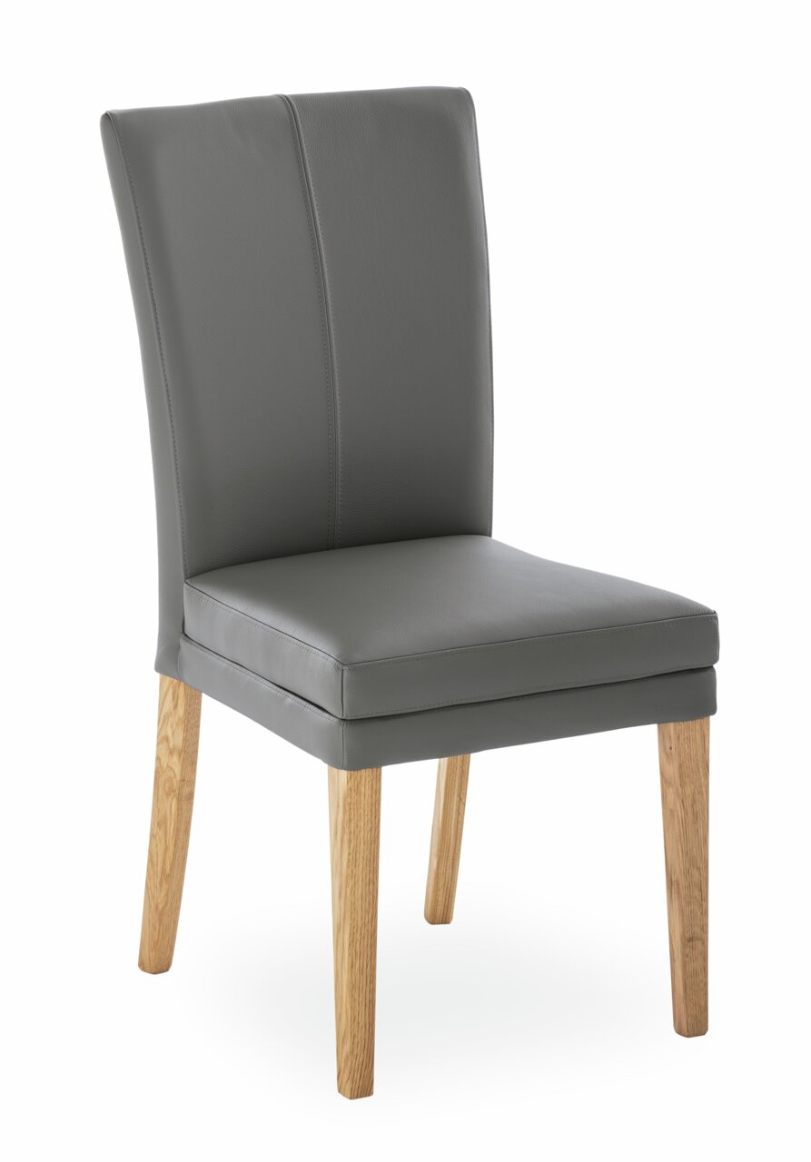 Moderner Stuhl mit grauem Polster und Holzbeinen, seitliche Perspektive