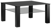 Moderner schwarzer Beistelltisch mit Glasablage, seitliche Perspektive