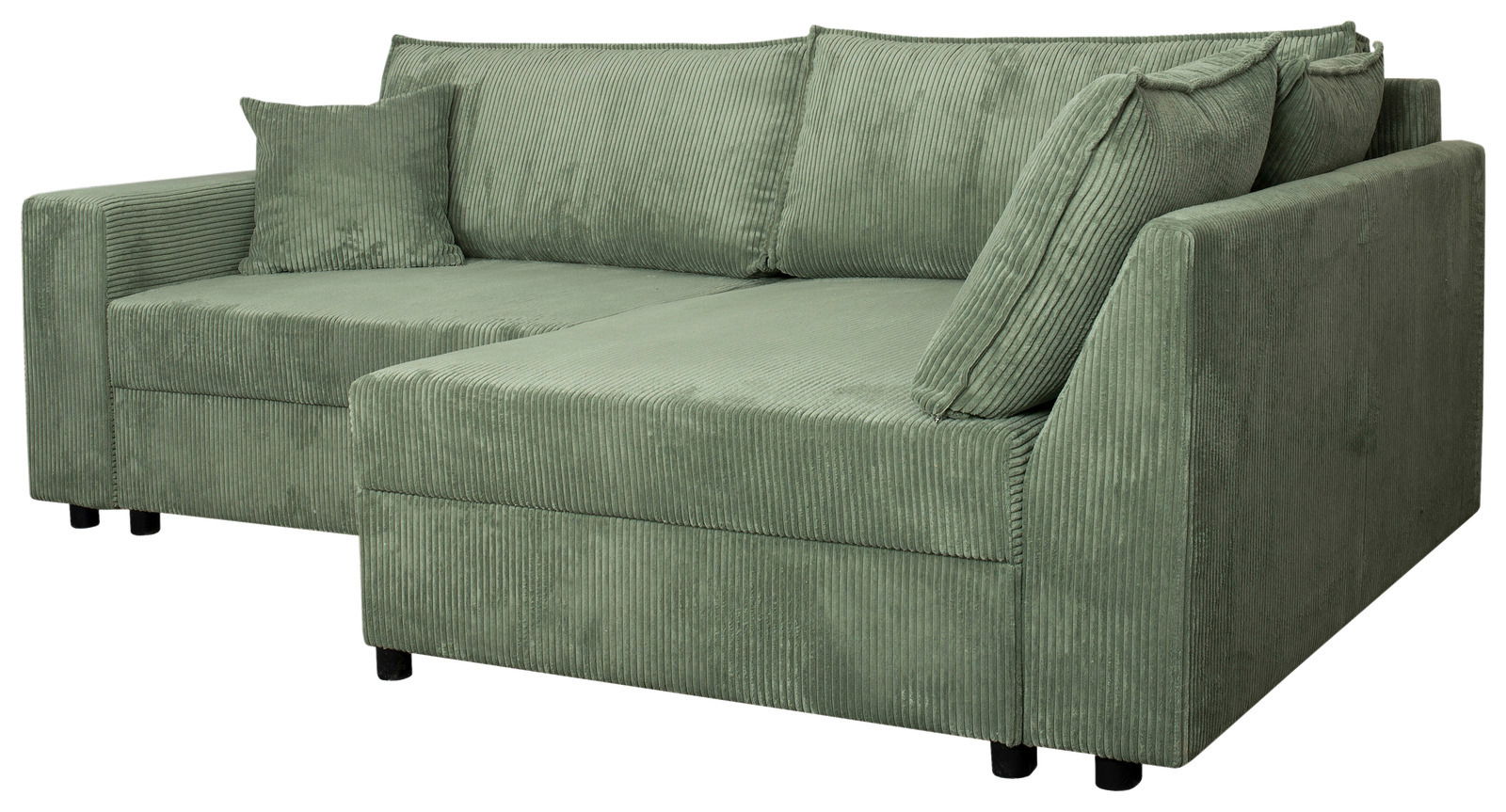 Grünes Ecksofa mit Rillenstruktur, Perspektive von vorne rechts