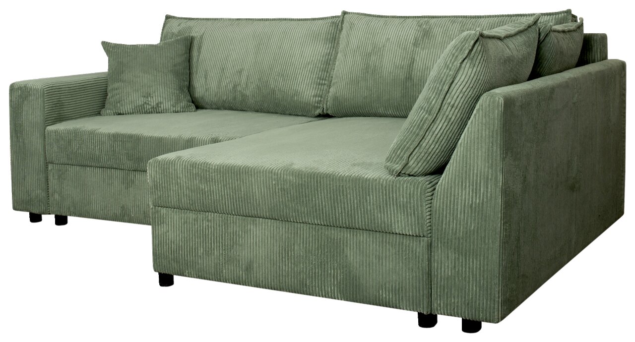 Grünes Ecksofa mit Rillenstruktur, Perspektive von vorne rechts