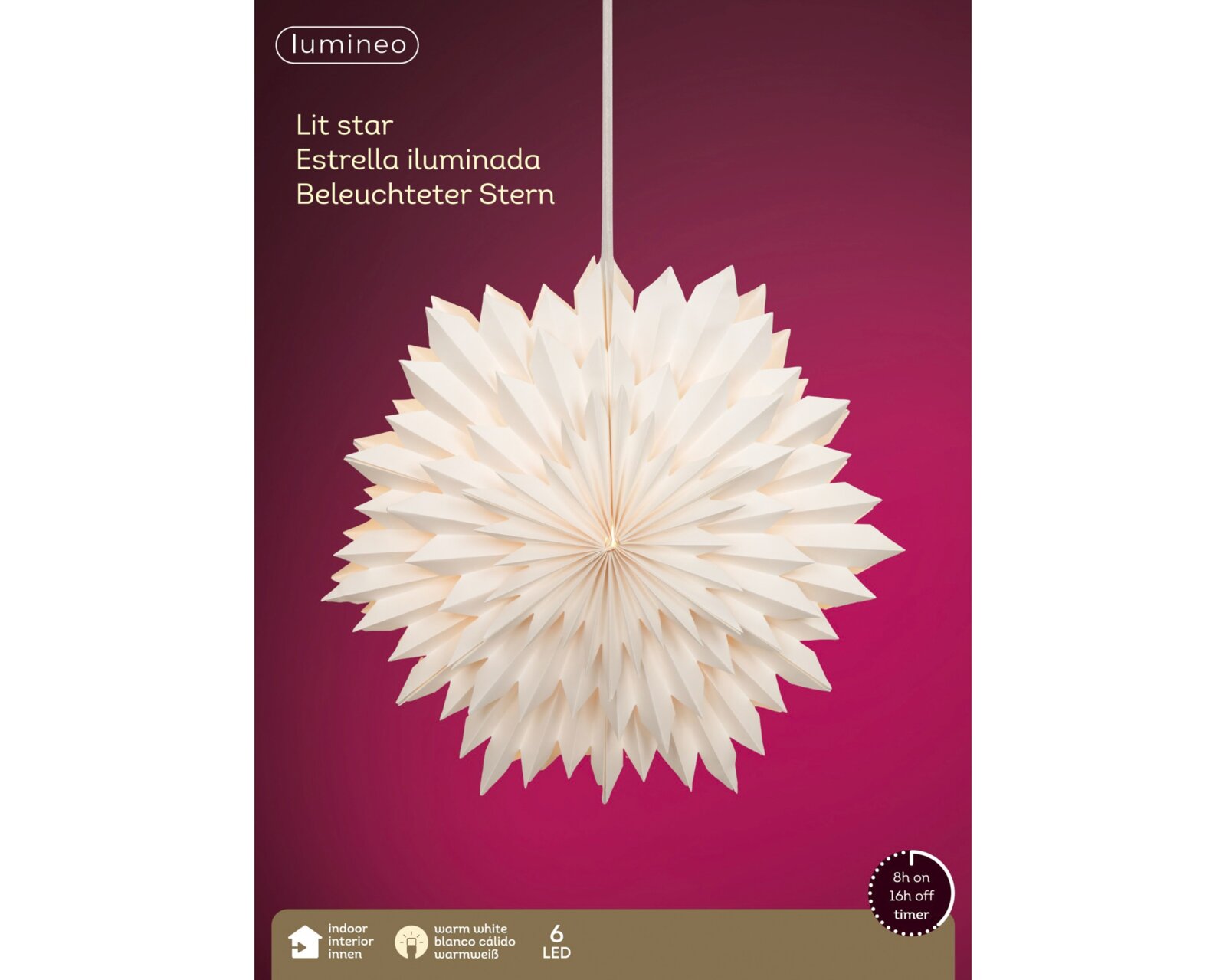 Frontalansicht eines cremeweißen, gefalteten Lumineo Leuchtsterns für den Innenbereich mit 6 warmweißen LEDs und Timerfunktion
