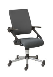 Moderner Jugenddrehstuhl in seitlicher Perspektive mit ergonomischem Design, gepolstertem Sitz und Rückenlehne, sowie verstellbaren Armlehnen auf Rollen.