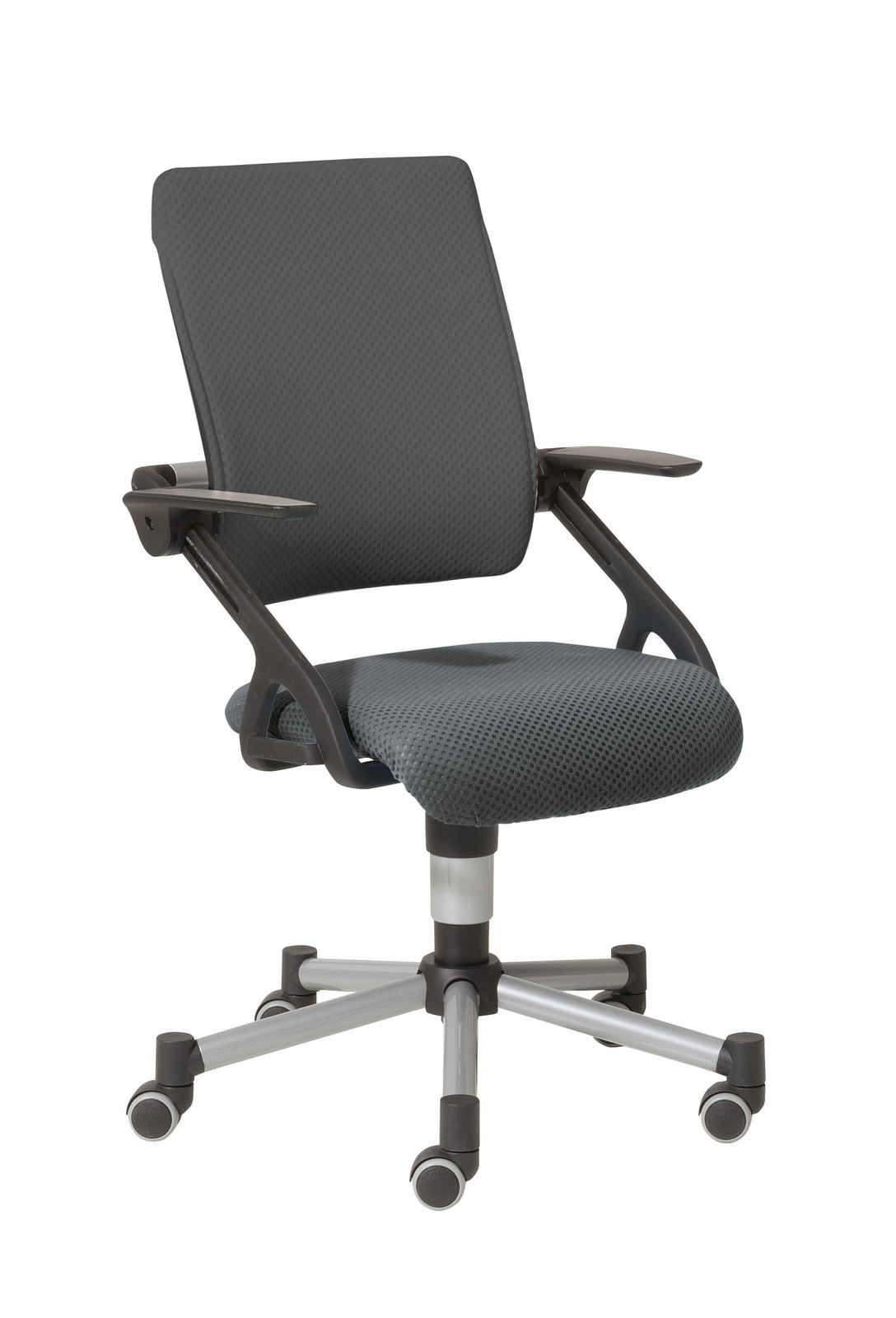 Moderner Jugenddrehstuhl in seitlicher Perspektive mit ergonomischem Design, gepolstertem Sitz und Rückenlehne, sowie verstellbaren Armlehnen auf Rollen.