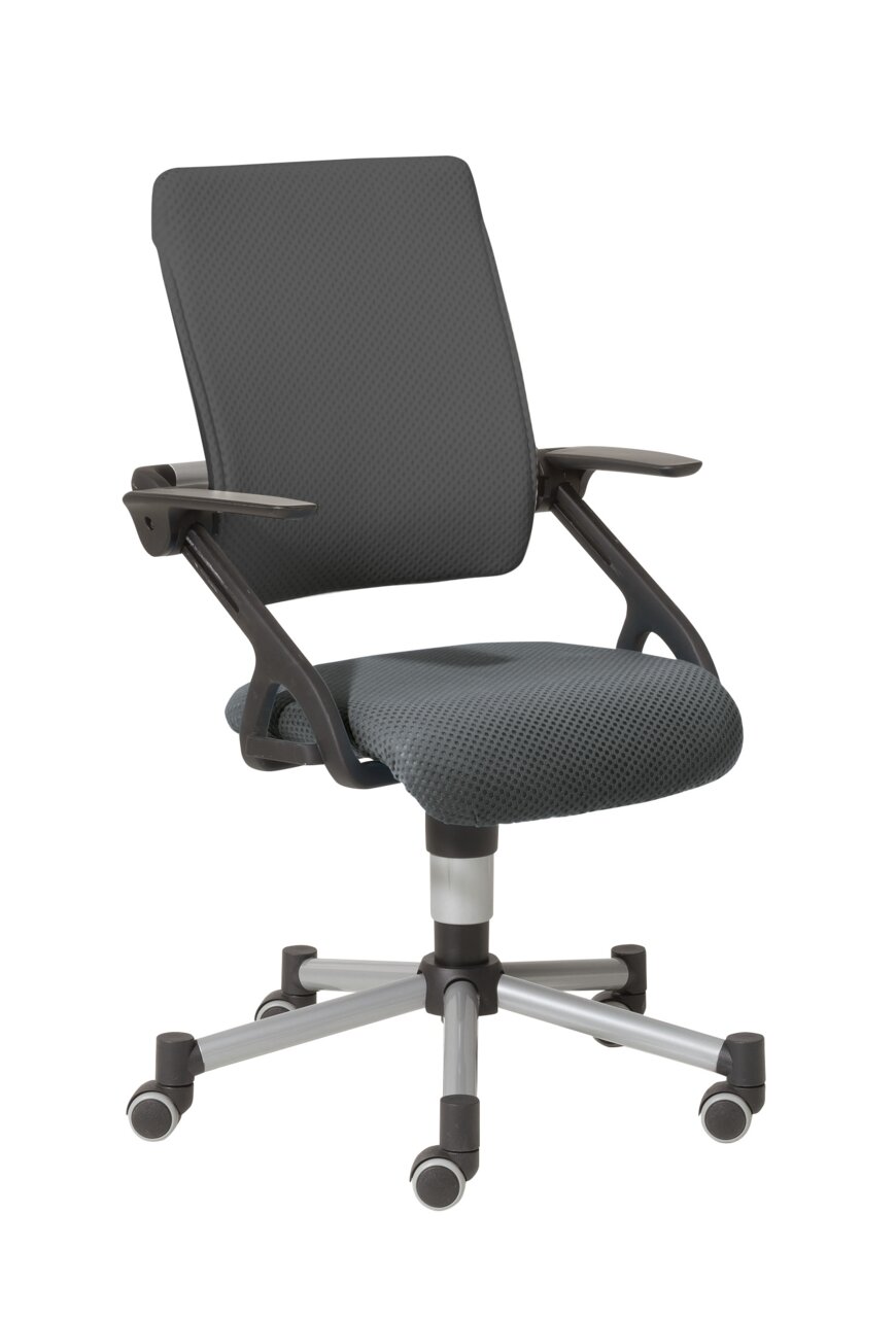 Moderner Jugenddrehstuhl in seitlicher Perspektive mit ergonomischem Design, gepolstertem Sitz und Rückenlehne, sowie verstellbaren Armlehnen auf Rollen.