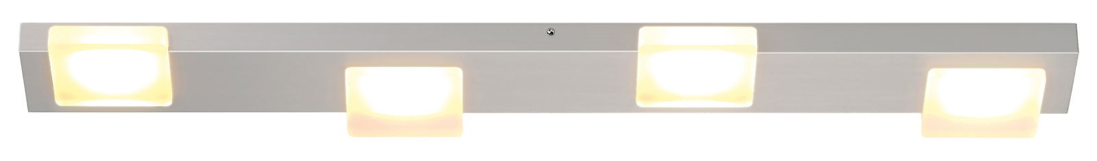 Moderne LED-Deckenleuchte mit vier quadratischen Leuchtelementen, seitliche Perspektive