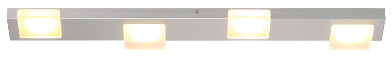 Moderne LED-Deckenleuchte mit vier quadratischen Leuchtelementen, seitliche Perspektive