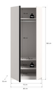 Offener weißer Kleiderschrank mit zwei Türen, Kleiderstange und mehreren Einlegeböden, mit Maßangaben (Höhe 183 cm, Breite 80 cm, Tiefe 53 cm) und 5-kg-Belastungsangaben; Ansicht schräg von vorn.