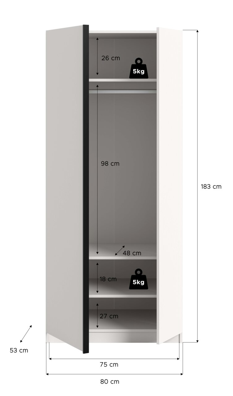 Offener weißer Kleiderschrank mit zwei Türen, Kleiderstange und mehreren Einlegeböden, mit Maßangaben (Höhe 183 cm, Breite 80 cm, Tiefe 53 cm) und 5-kg-Belastungsangaben; Ansicht schräg von vorn.