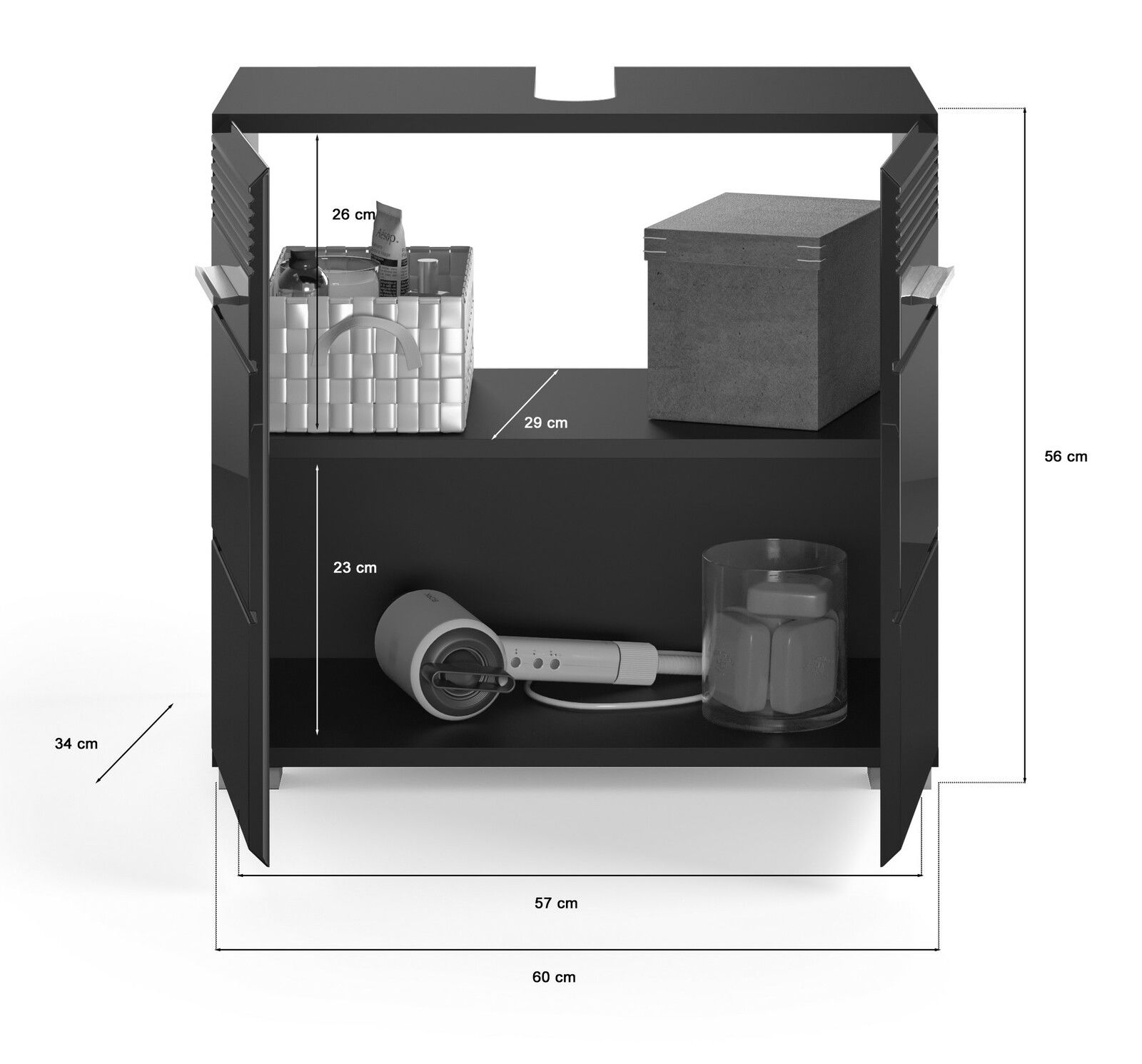 Waschbeckenunterschrank LINUS in schwarzer Farbe, frontal abgebildet mit offenen Türen, zeigt zwei Regalfächer mit Stauraum für Badezimmerartikel. Maße: 60 cm Breite, 56 cm Höhe, 34 cm Tiefe.