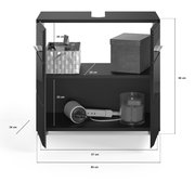 Waschbeckenunterschrank LINUS in schwarzer Farbe, frontal abgebildet mit offenen Türen, zeigt zwei Regalfächer mit Stauraum für Badezimmerartikel. Maße: 60 cm Breite, 56 cm Höhe, 34 cm Tiefe.