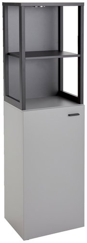 Modernes Highboard mit offenem Regal und geschlossener Tür, seitliche Perspektive