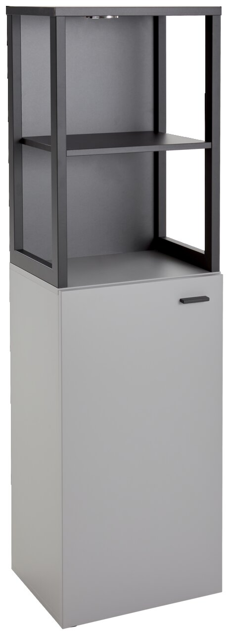 Modernes Highboard mit offenem Regal und geschlossener Tür, seitliche Perspektive