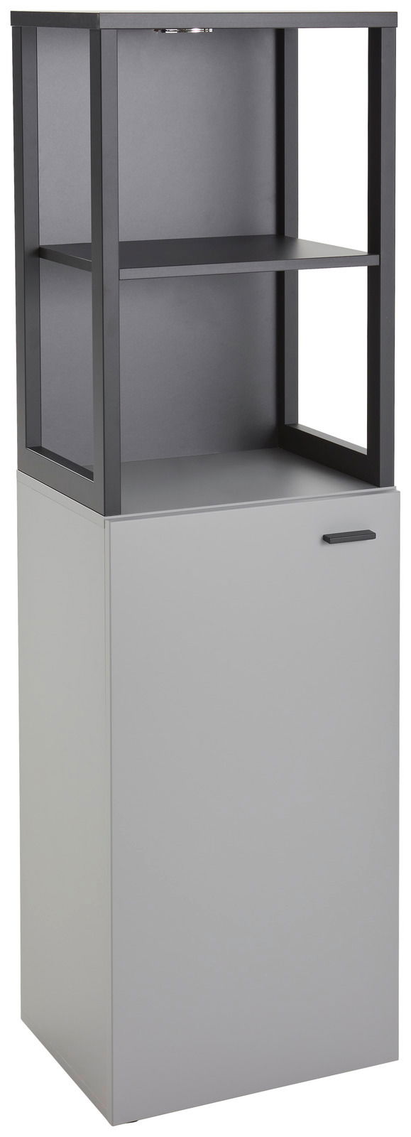 Modernes Highboard mit offenem Regal und geschlossener Tür, seitliche Perspektive