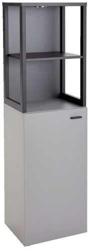 Modernes Highboard mit offenem Regal und geschlossener Tür, seitliche Perspektive
