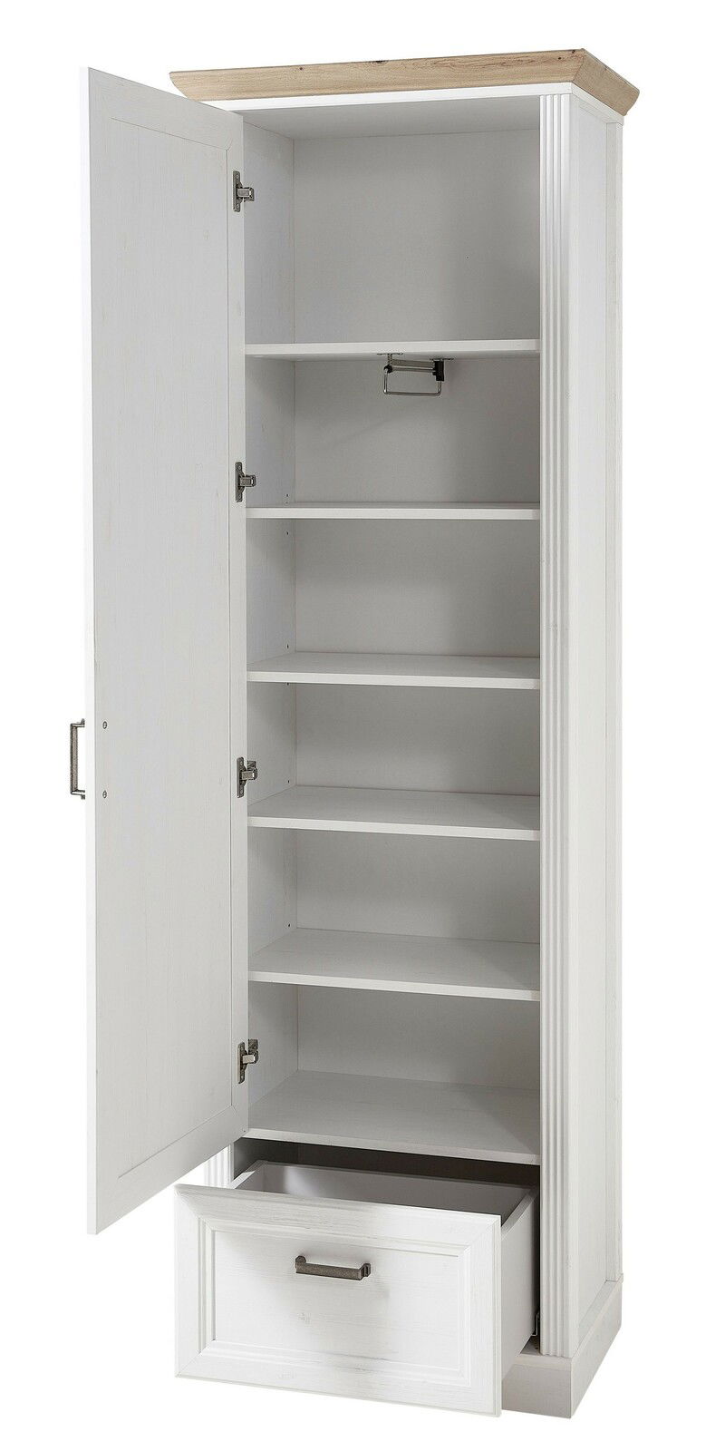 Weißer Garderobenschrank mit geöffneter Tür und Schublade, mehrere Regalböden, Ansicht von vorne