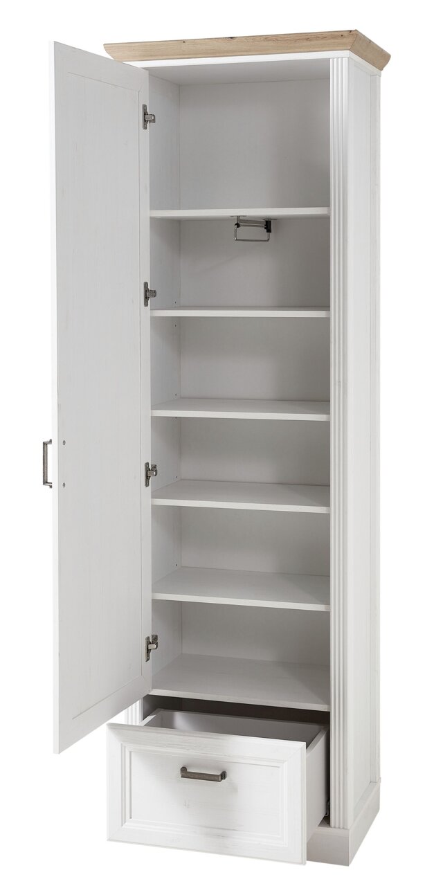 Weißer Garderobenschrank mit geöffneter Tür und Schublade, mehrere Regalböden, Ansicht von vorne