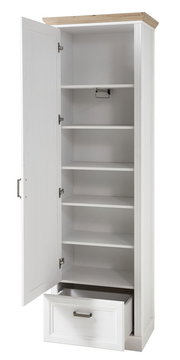Weißer Garderobenschrank mit geöffneter Tür und Schublade, mehrere Regalböden, Ansicht von vorne