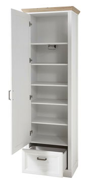 Weißer Garderobenschrank mit geöffneter Tür und Schublade, mehrere Regalböden, Ansicht von vorne