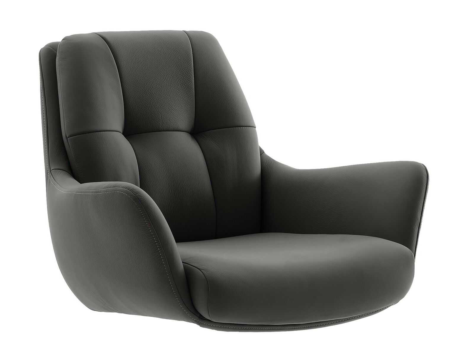 Moderner, dunkelgrauer Sessel aus Leder, seitliche Perspektive