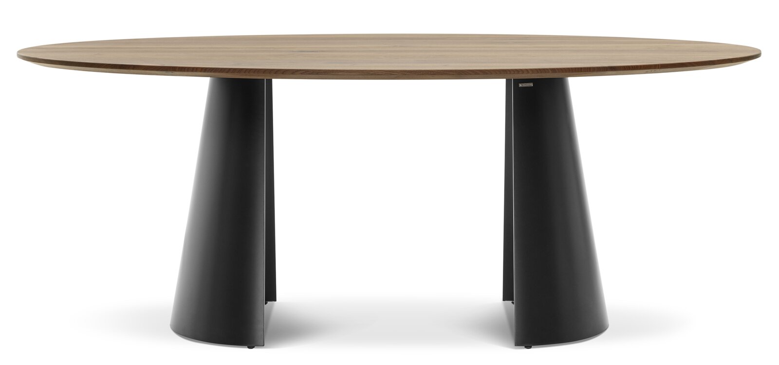 Runder Esstisch mit Holzplatte und konischen schwarzen Metallbeinen, Frontalansicht