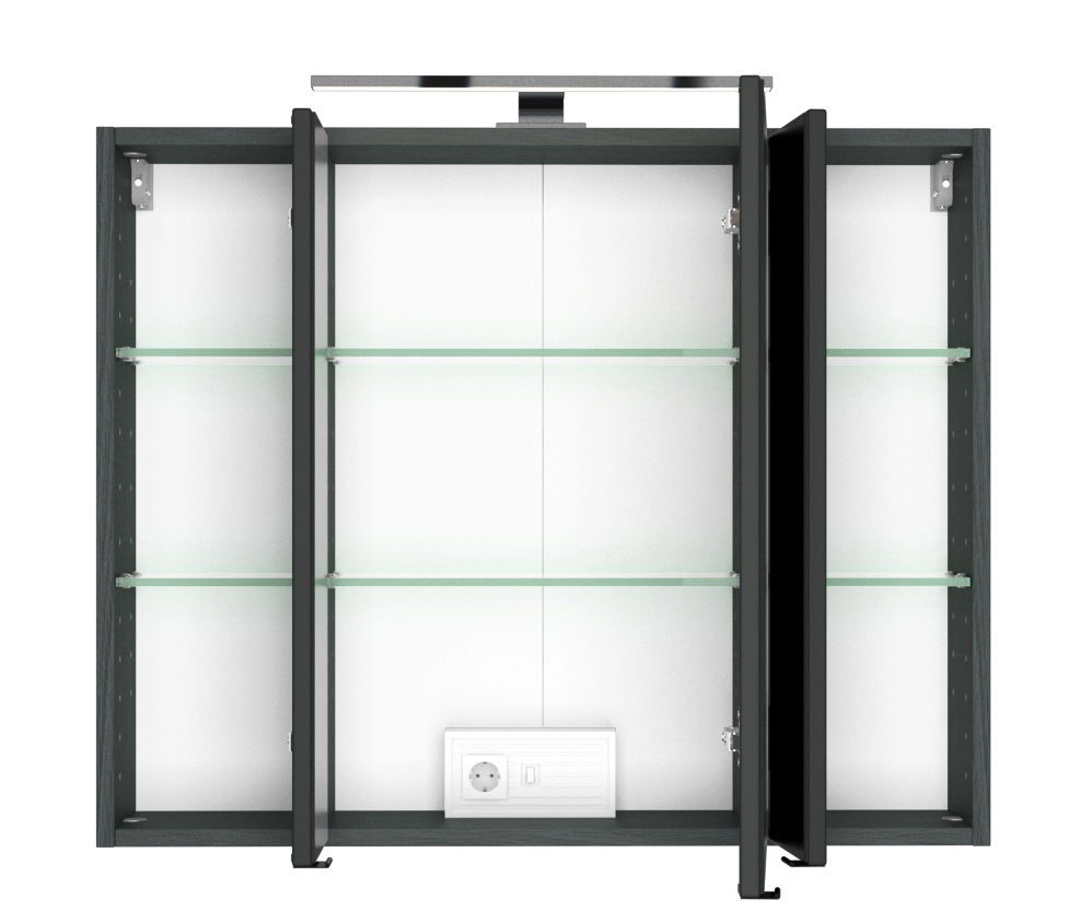 Spiegelschrank mit drei Türen, Glasböden und integrierter Beleuchtung, Frontalansicht