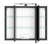 Spiegelschrank mit drei Türen, Glasböden und integrierter Beleuchtung, Frontalansicht