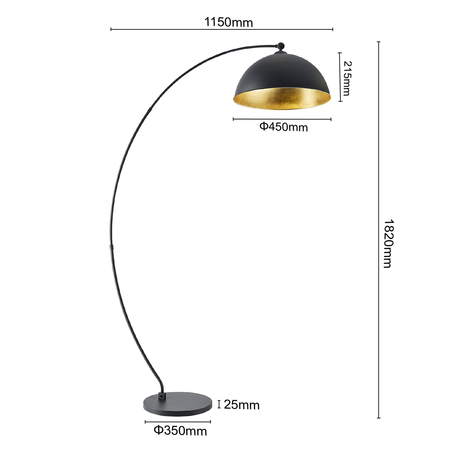 Moderne Stehleuchte mit gebogenem schwarzem Ständer und goldener Innenseite des Schirms, seitliche Perspektive.