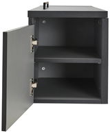 Schwarze Towerunit mit geöffneter Tür, zwei Regalfächer sichtbar, Perspektive von vorne.