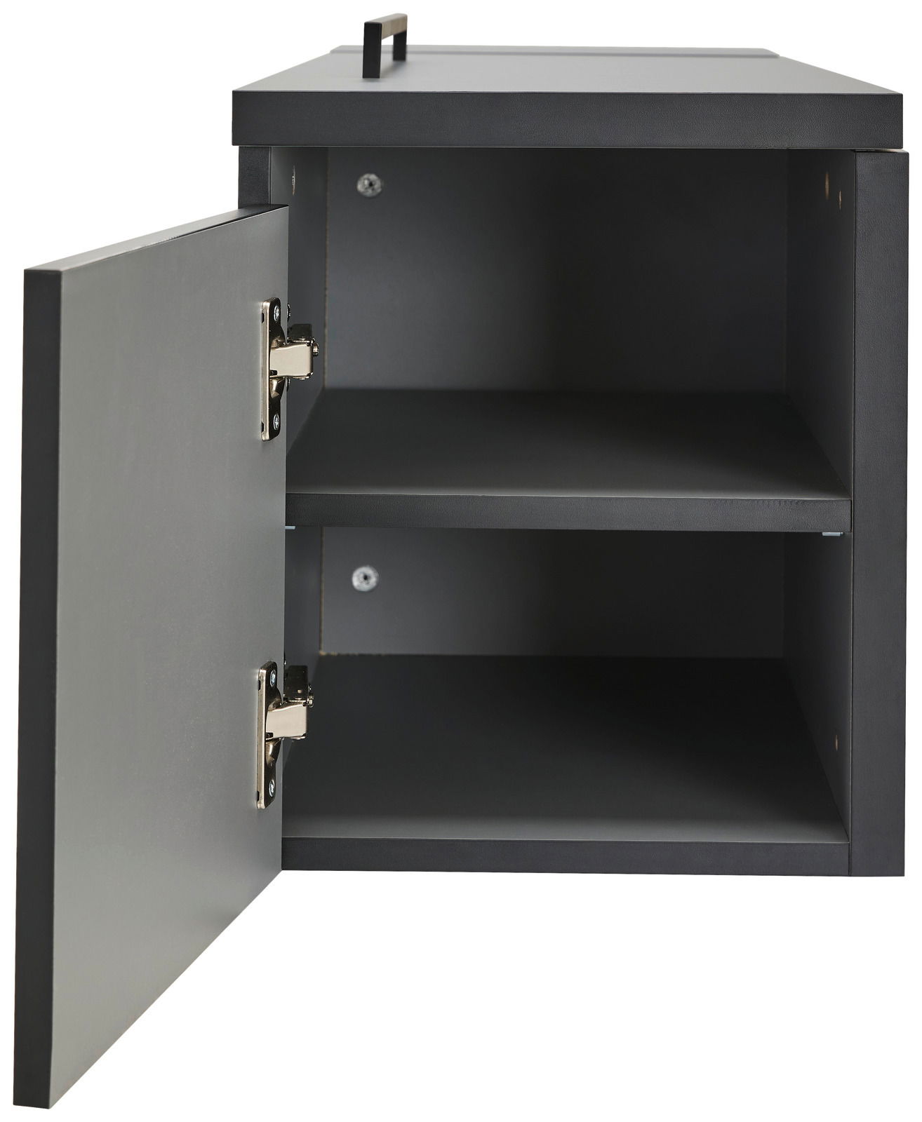 Schwarze Towerunit mit geöffneter Tür, zwei Regalfächer sichtbar, Perspektive von vorne.