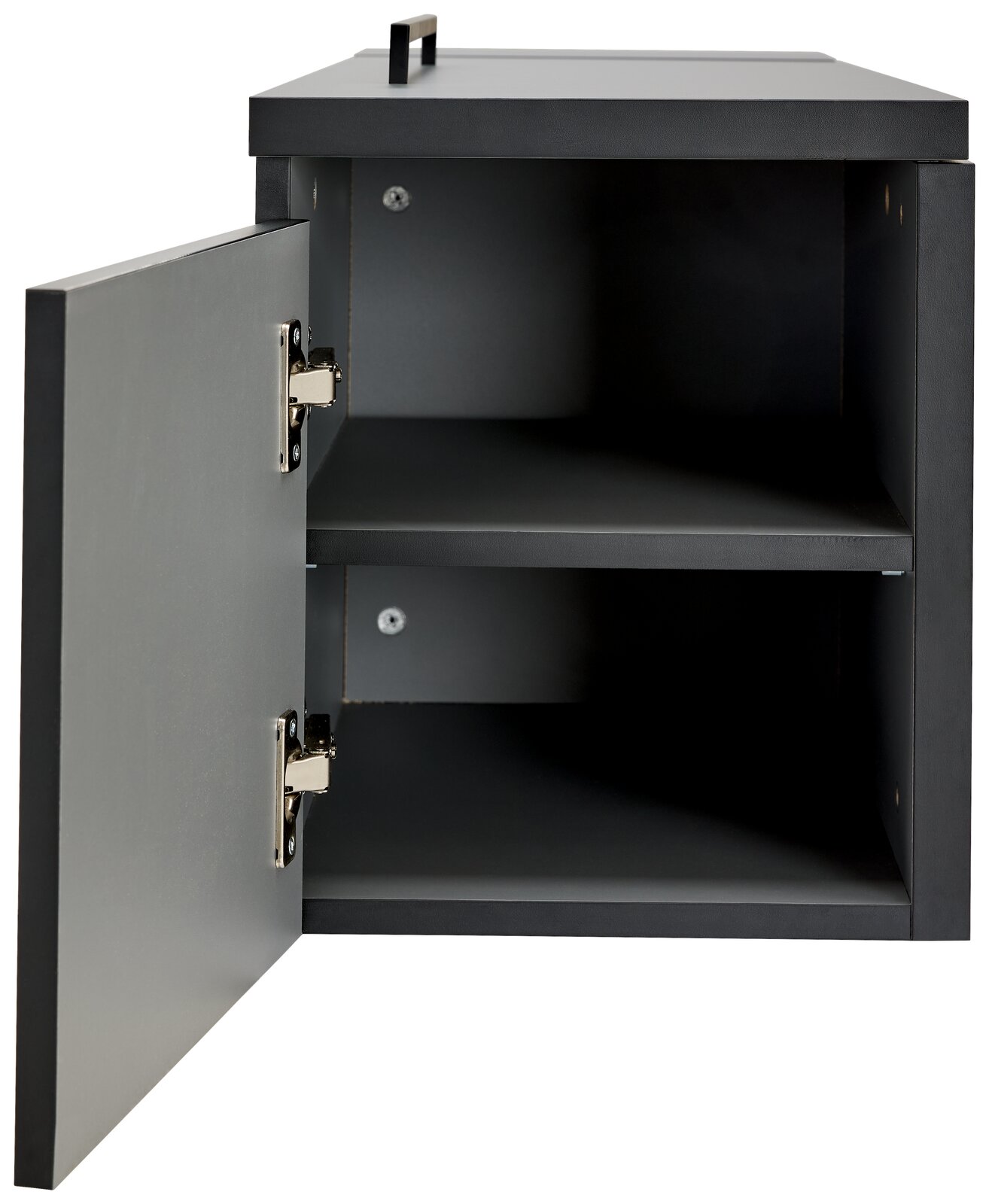 Schwarze Towerunit mit geöffneter Tür, zwei Regalfächer sichtbar, Perspektive von vorne.