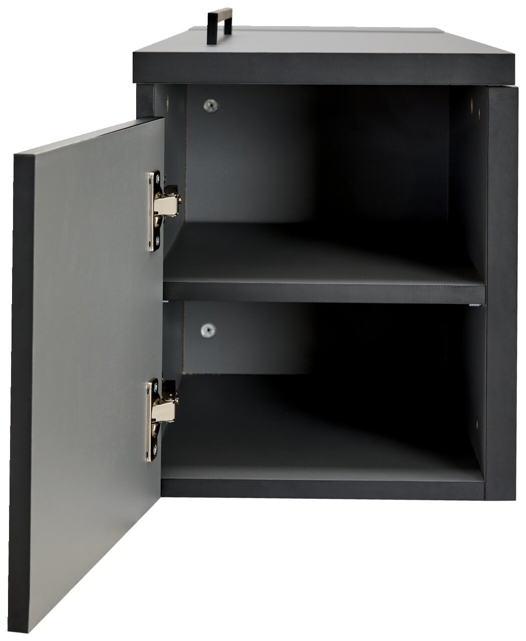 Schwarze Towerunit mit geöffneter Tür, zwei Regalfächer sichtbar, Perspektive von vorne.