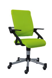 Grüner Jugenddrehstuhl mit Armlehnen und Rollen, seitliche Perspektive