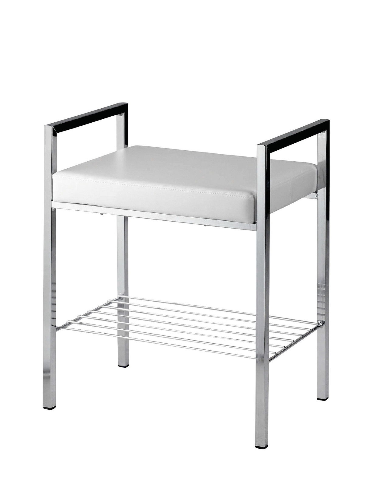 Zurbrüggen Badhocker VIOLETTA Moderner Badhocker mit weißem Sitzpolster und verchromtem Gestell, seitliche Armlehnen und untere Ablage, seitliche Perspektive