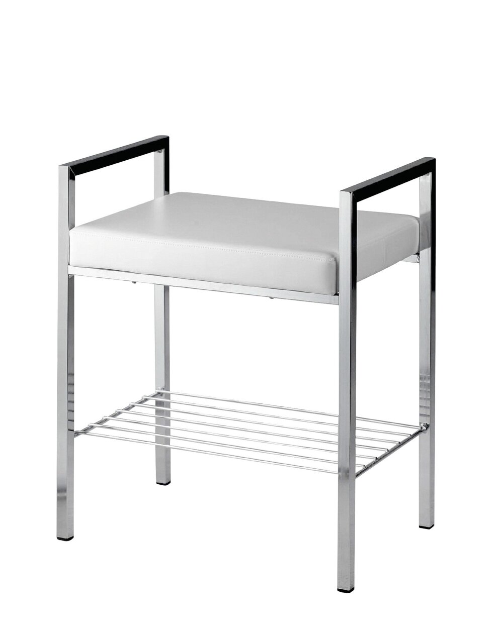 Zurbrüggen Badhocker VIOLETTA Moderner Badhocker mit weißem Sitzpolster und verchromtem Gestell, seitliche Armlehnen und untere Ablage, seitliche Perspektive