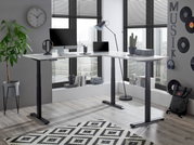Moderner E-Eckschreibtisch in einem stilvollen Büro mit Blick auf die Stadt, ausgestattet mit Computer, Lampe und Pflanzen, aus der Perspektive von vorne links.