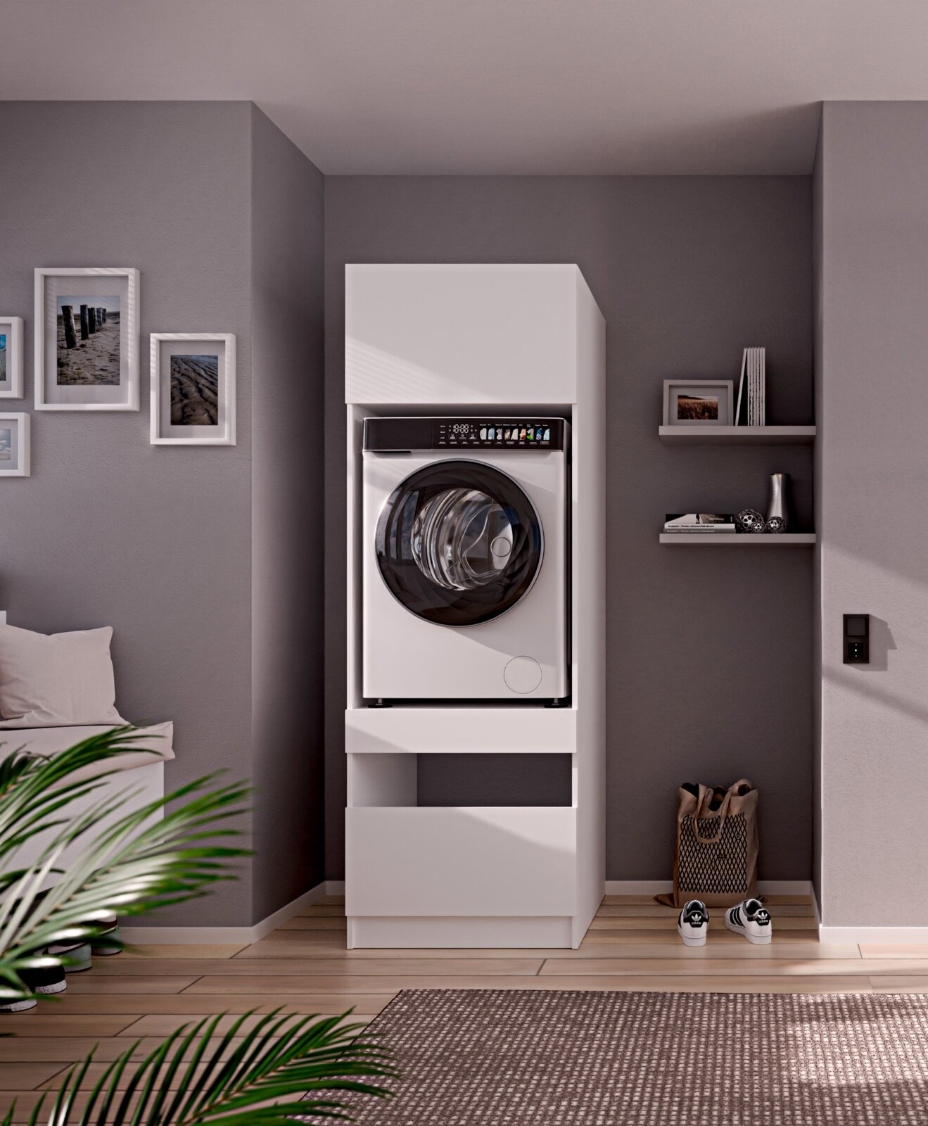 MID.YOU Waschmaschinenschrank SMART Weiße Frontlader-Waschmaschine in einem passgenauen, weißen Waschmaschinen-Hochschrank mit Stauraum, frontal in einem modernen Wohnraum fotografiert (Frontansicht).