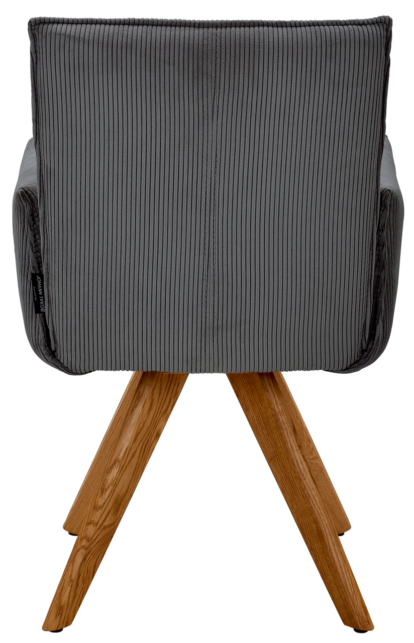 Johann Jakob Armlehnstuhl CALAS Rückansicht eines grauen Armlehnstuhls mit Holzbeinen, fotografiert von hinten.