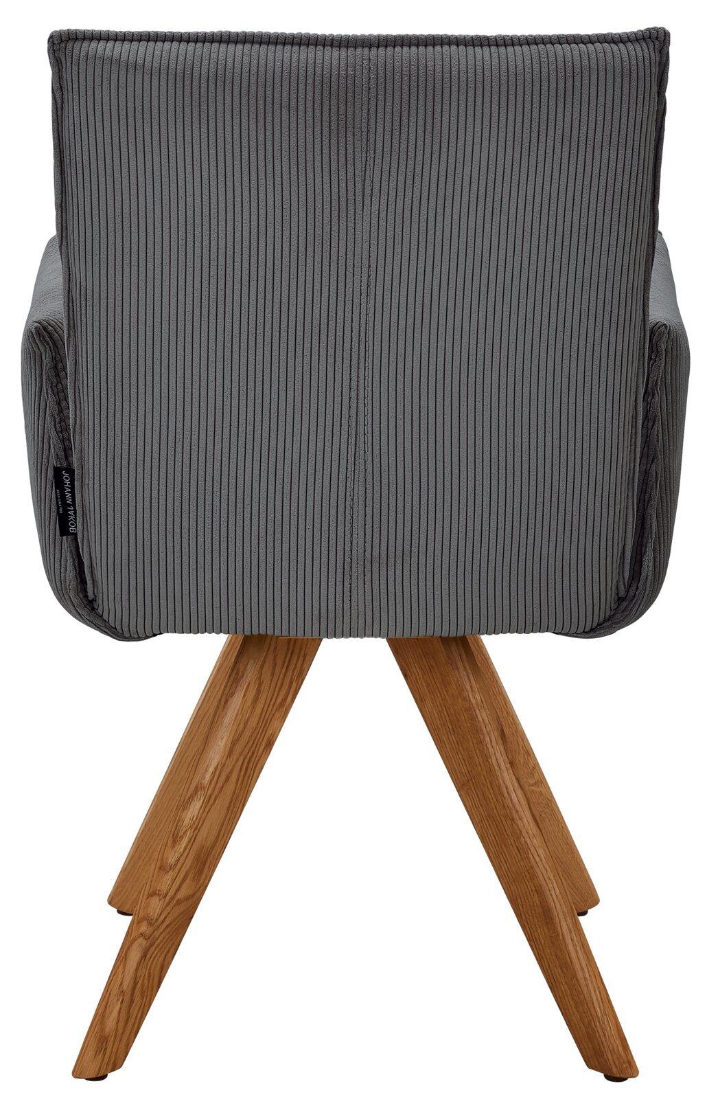 Johann Jakob Armlehnstuhl CALAS Rückansicht eines grauen Armlehnstuhls mit Holzbeinen, fotografiert von hinten.