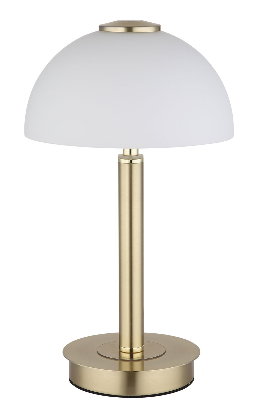 Elegante Tischleuchte mit weißem, halbkugelförmigem Schirm und goldfarbenem Standfuß, seitliche Perspektive.