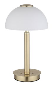 Elegante Tischleuchte mit weißem, halbkugelförmigem Schirm und goldfarbenem Standfuß, seitliche Perspektive.