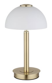 Elegante Tischleuchte mit weißem, halbkugelförmigem Schirm und goldfarbenem Standfuß, seitliche Perspektive.