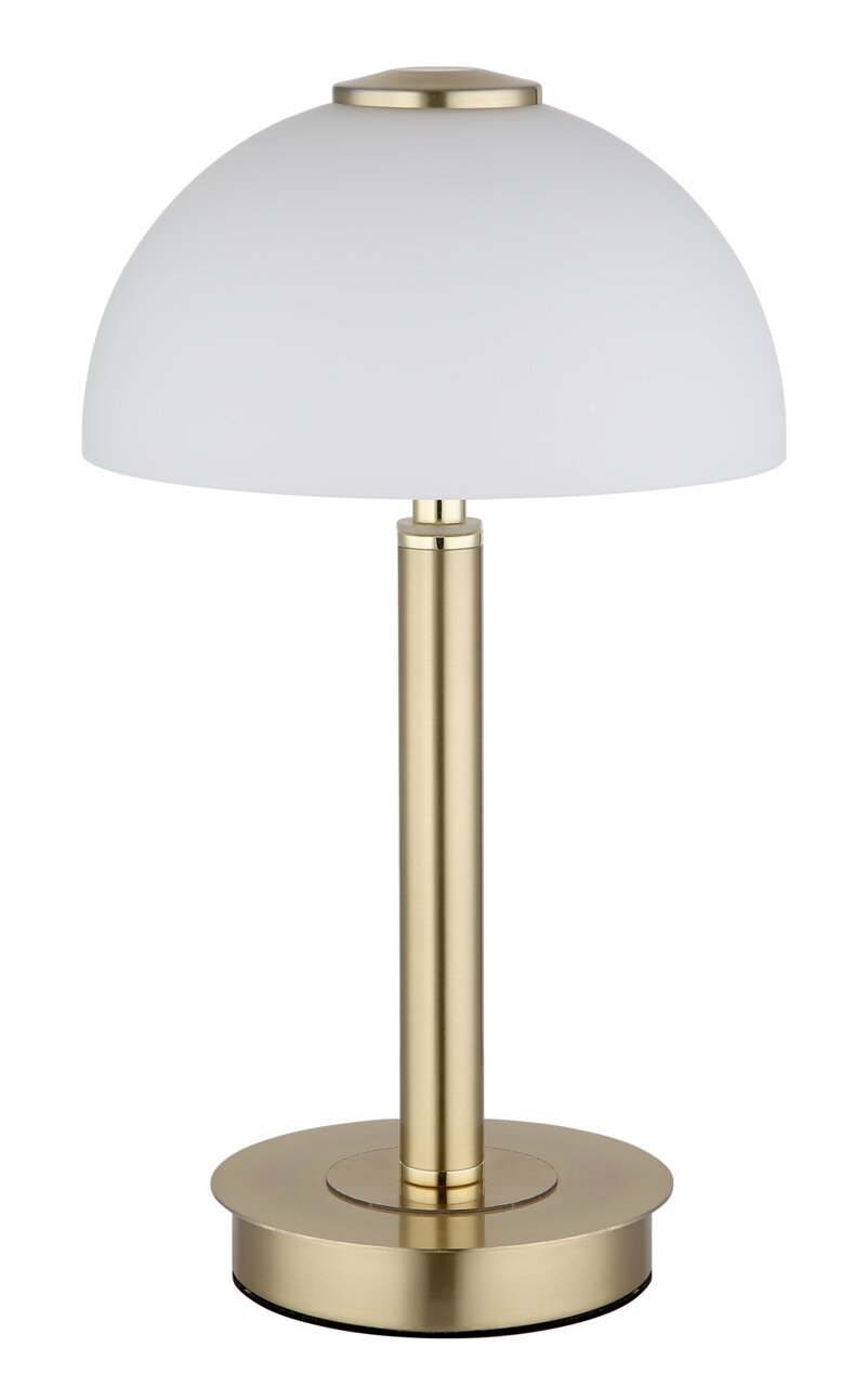 Elegante Tischleuchte mit weißem, halbkugelförmigem Schirm und goldfarbenem Standfuß, seitliche Perspektive.