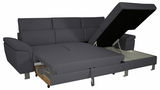 Graues Ecksofa mit ausziehbarem Bett und Stauraum, seitliche Perspektive