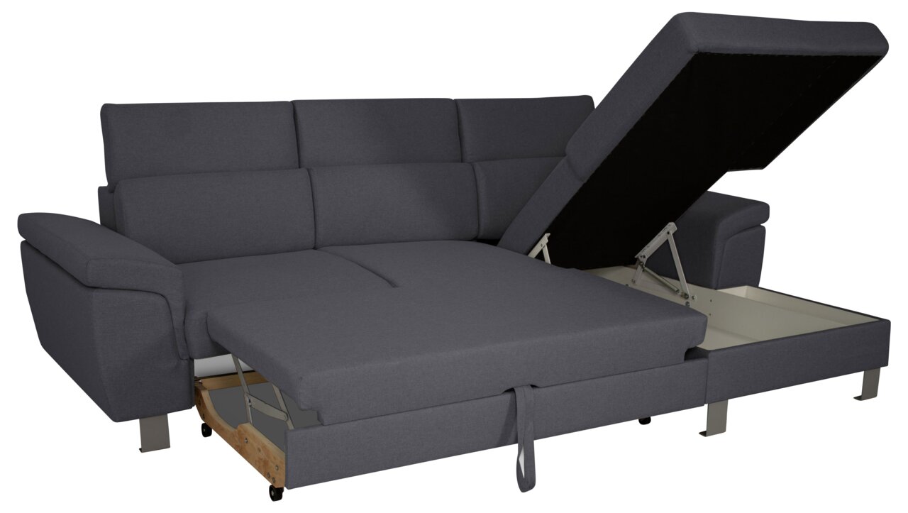 Graues Ecksofa mit ausziehbarem Bett und Stauraum, seitliche Perspektive