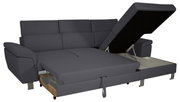 Graues Ecksofa mit ausziehbarem Bett und Stauraum, seitliche Perspektive
