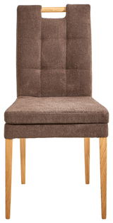 Vorderansicht eines braunen Stuhls mit gepolsterter Sitzfläche und Rückenlehne, sowie Holzbeinen.